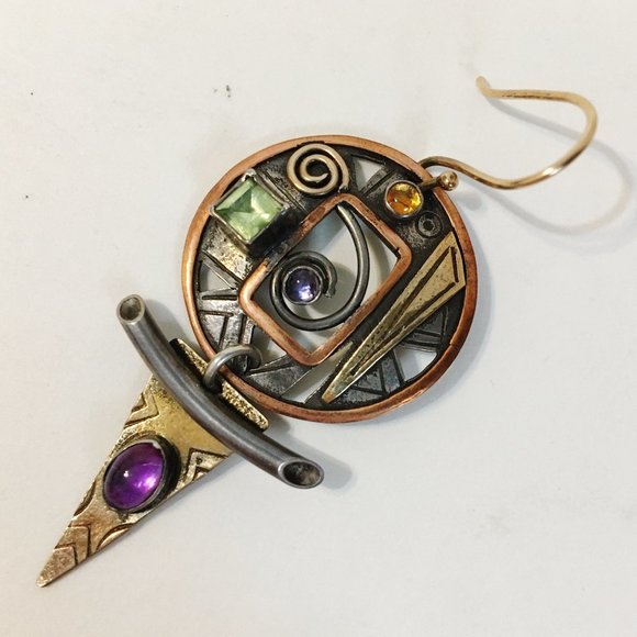 Peridot Amethyst Earrings Unique Mixed Metal Handcrafted Pierced Dangle New Gift - Picture 5 of 6